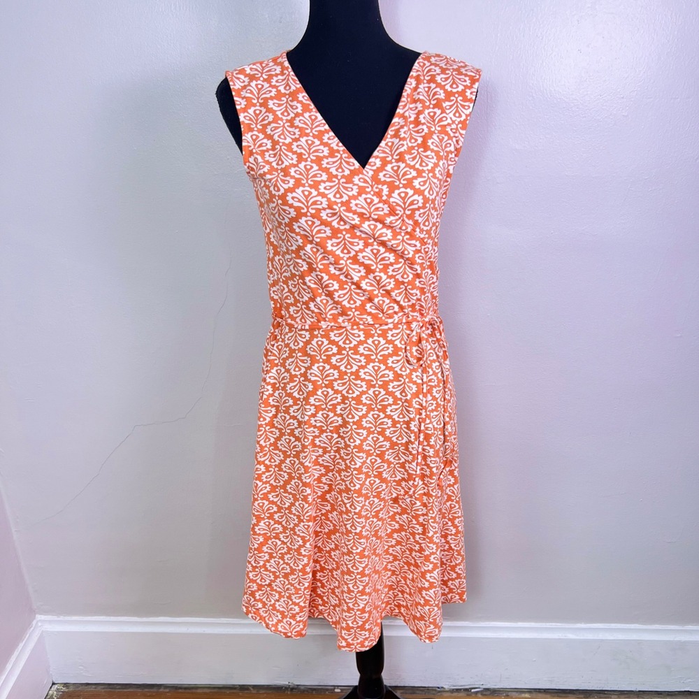 Talbots Faux Wrap Dress Small Orange White Floral Sleeveless Jersey Stretch